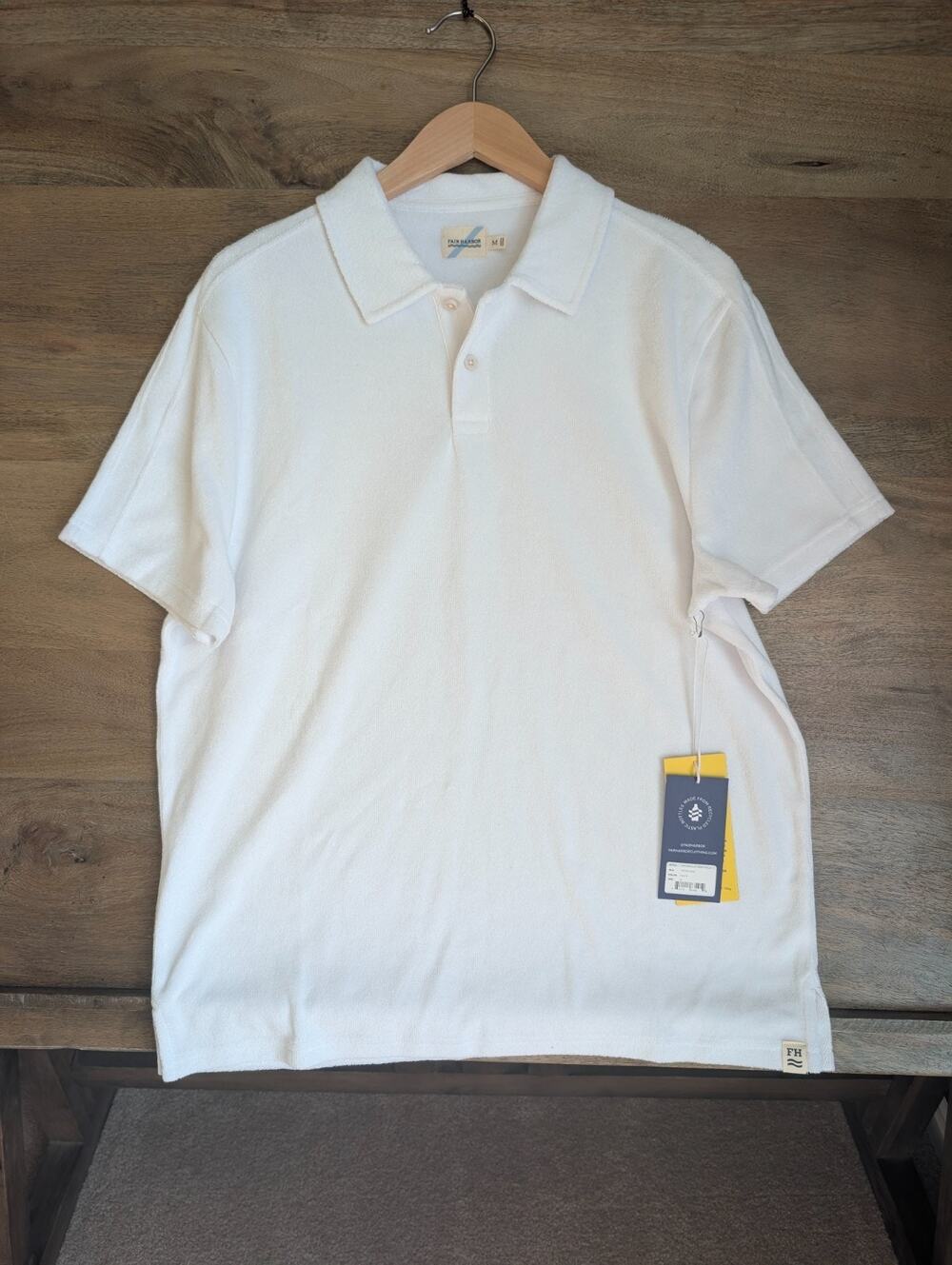 Fair Harbor The Ravello Terry Polo Shirt Mens M White Stretch Short Sleeve NWT